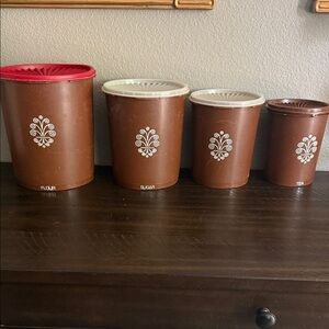 Vintage Tupperware Brown Kitchen Canister Set with White Floral Motif